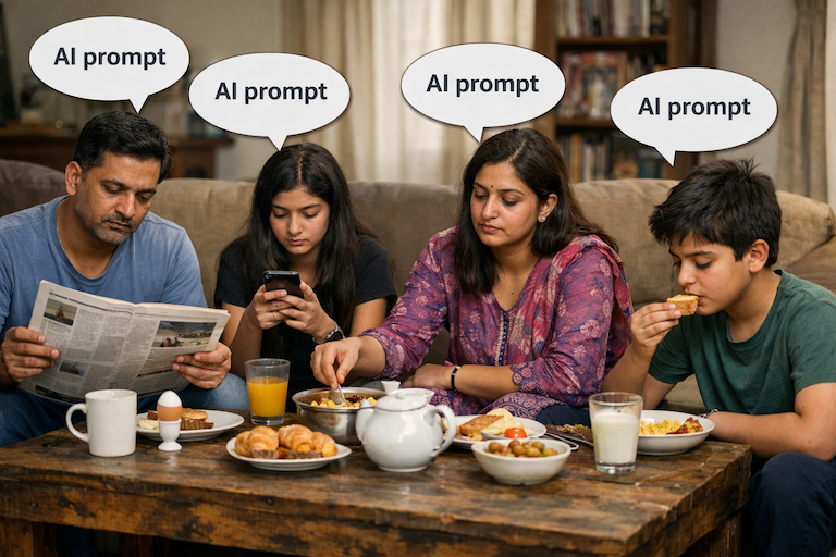 Indian family at breakfast, each using AI on their devices